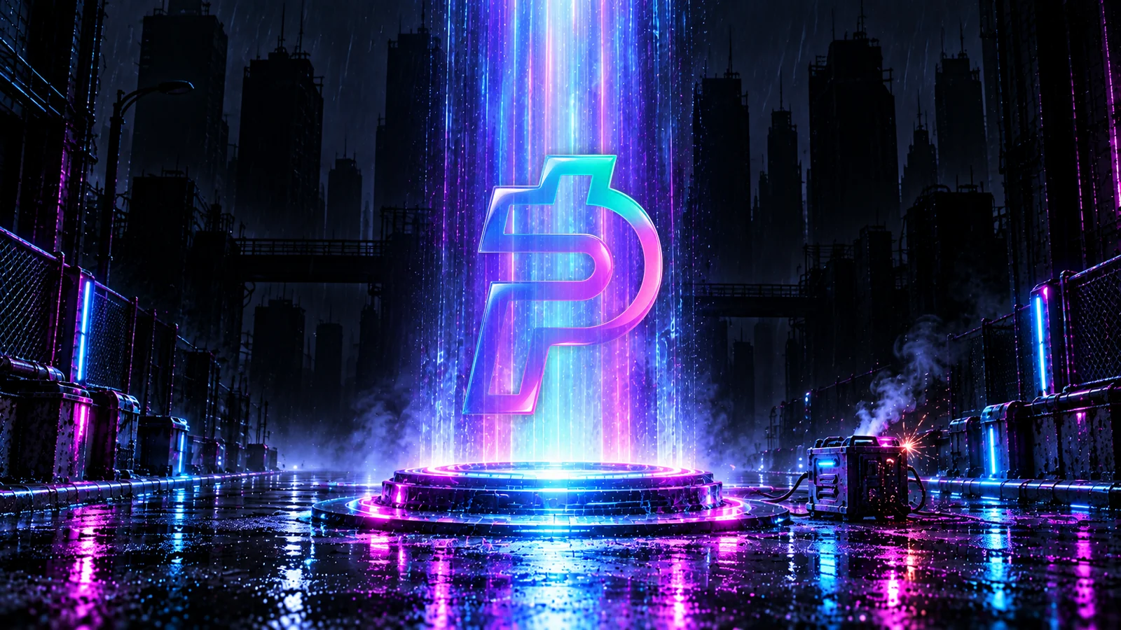SOLPAID symbol over an overloaded neon platform in a dark city